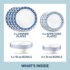 Corelle® Cobalt Circles 16-piece Mugless Dinnerware Set, Service for 4
