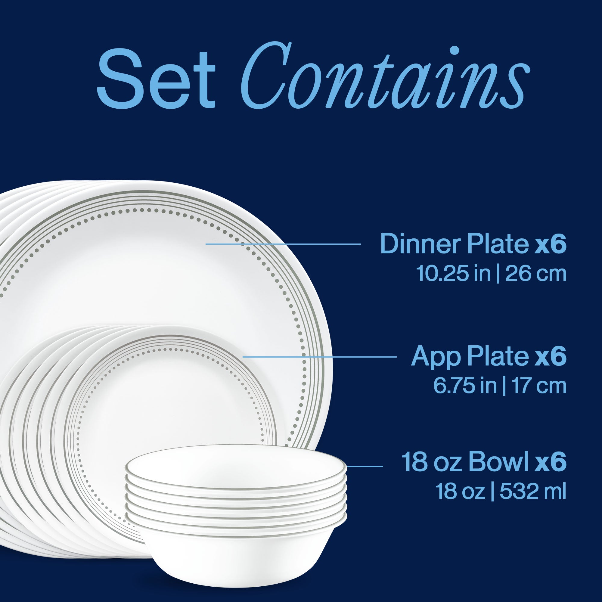 Corelle® Mystic Gray 18-piece Mugless Dinnerware Set, Service for 6