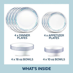 Corelle® Ocean Blues 16-piece Mugless Dinnerware Set, Service for 4